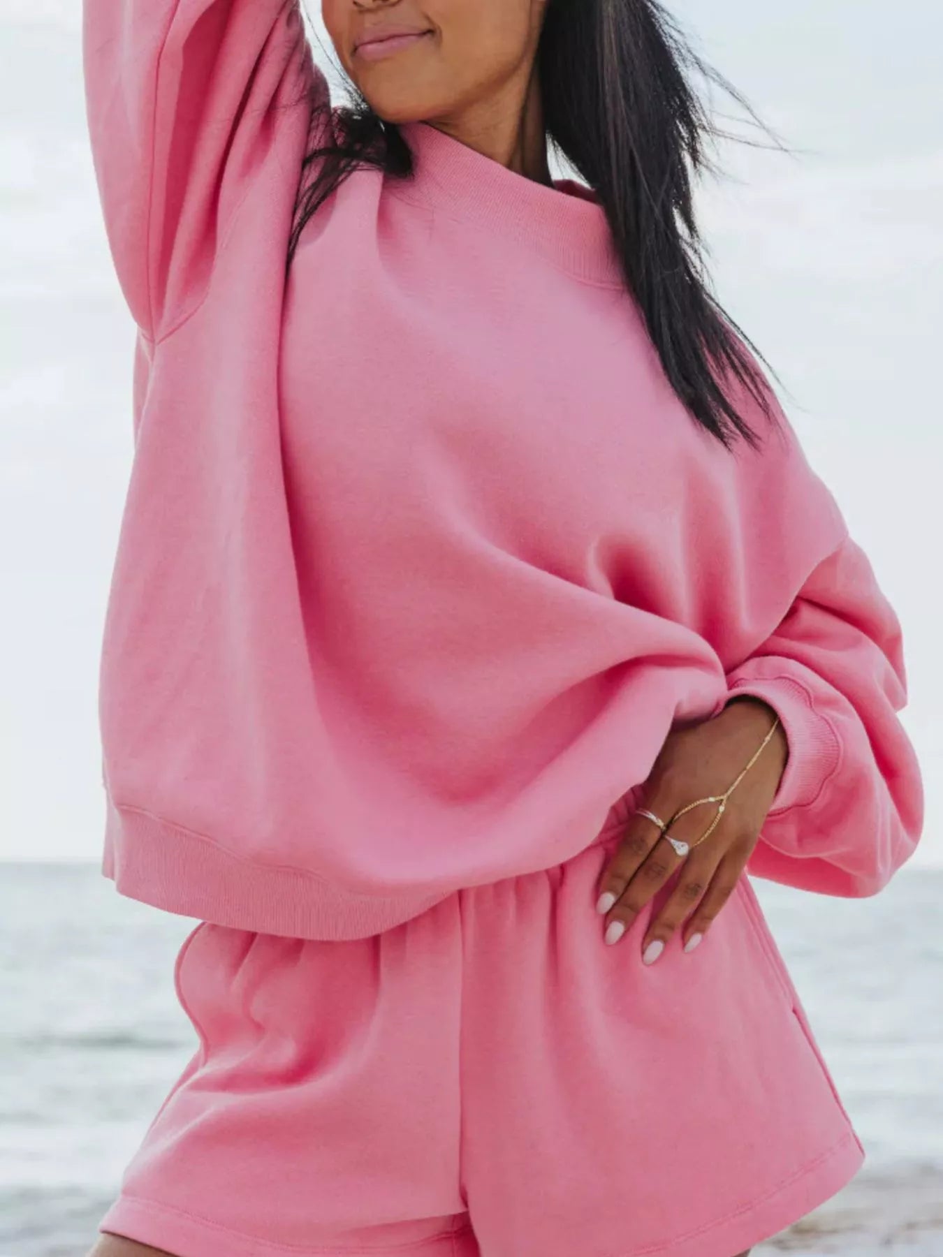 Relaxed Fit Round Neck Sweatshirt and Shorts Set