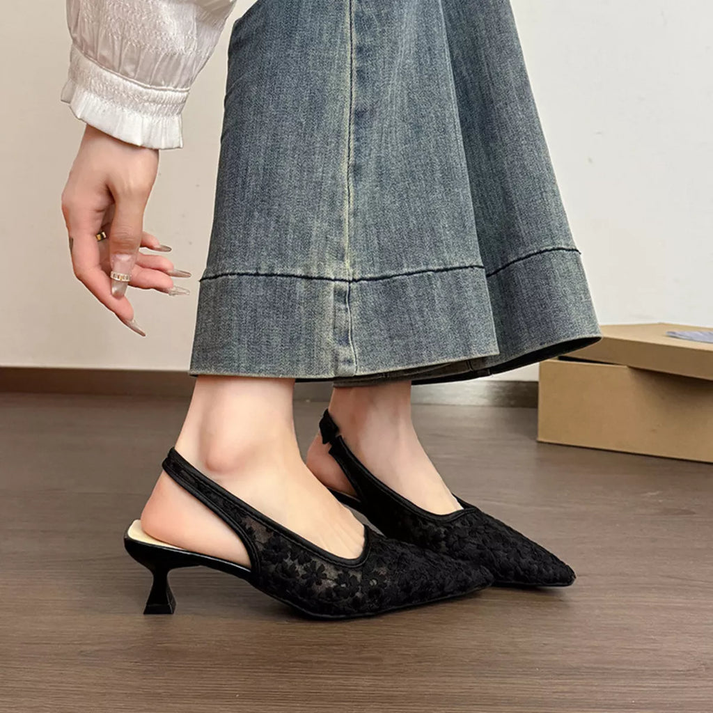 Lace Pointed-Toe Slingback Pumps