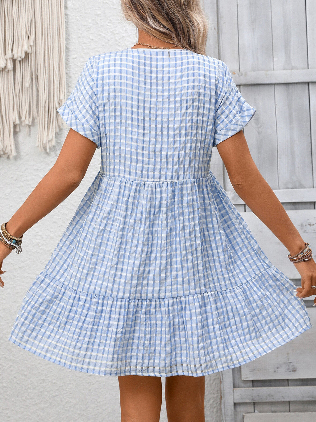 Plaid V-Neck Ruffle Hem Mini Dress