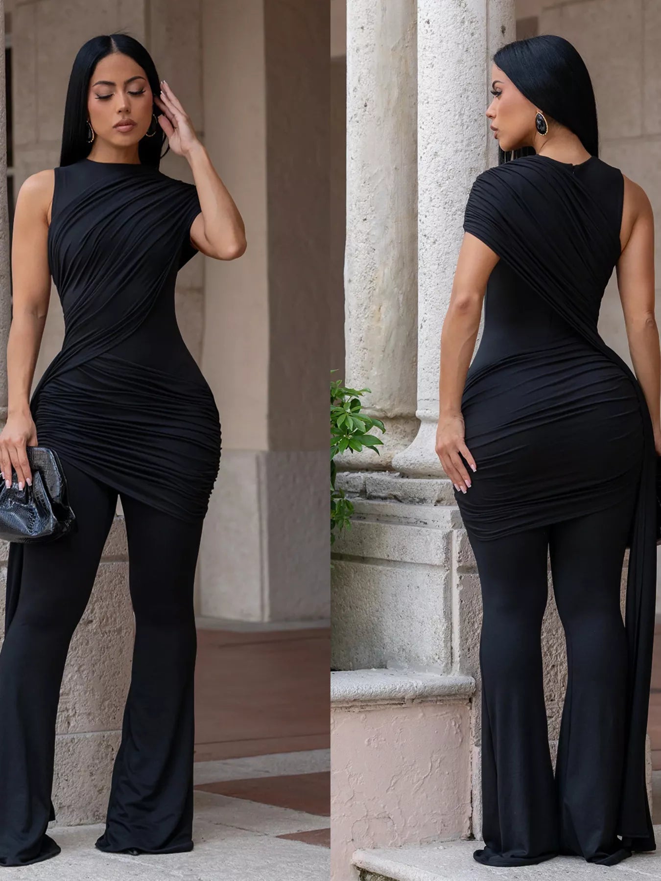 Ruched One-Shoulder Flare Leg Jumpsuit