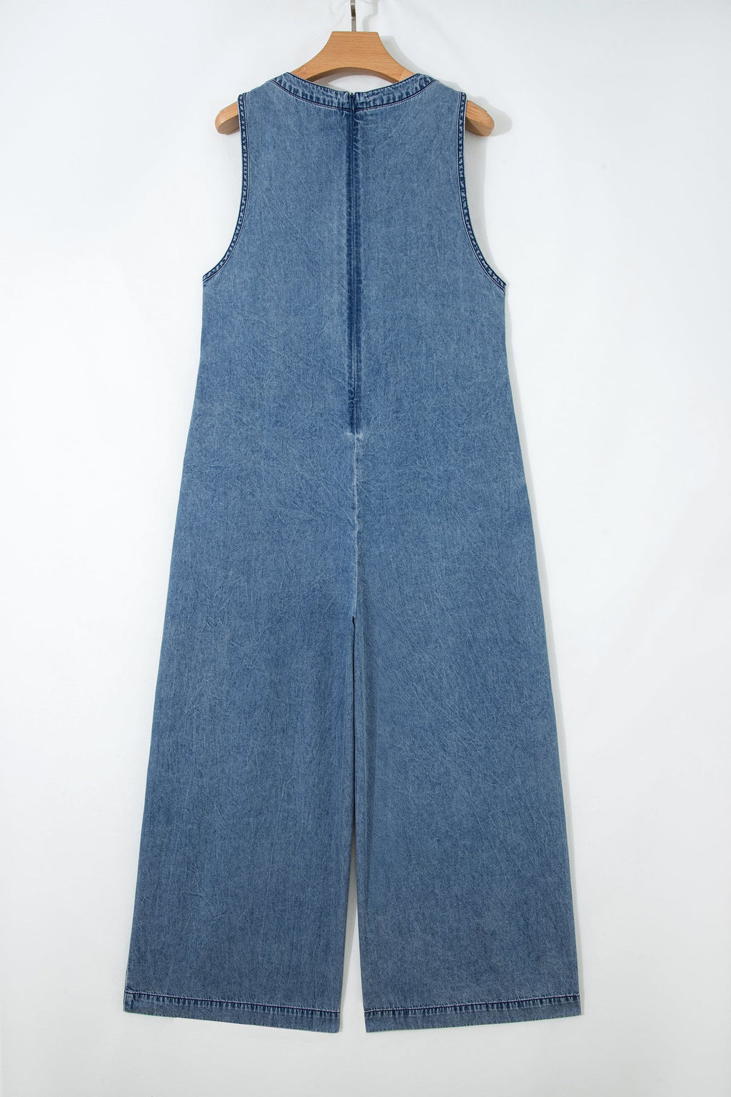 Acid Wash Denim Pleated Tie V-Neck Jumpsuit