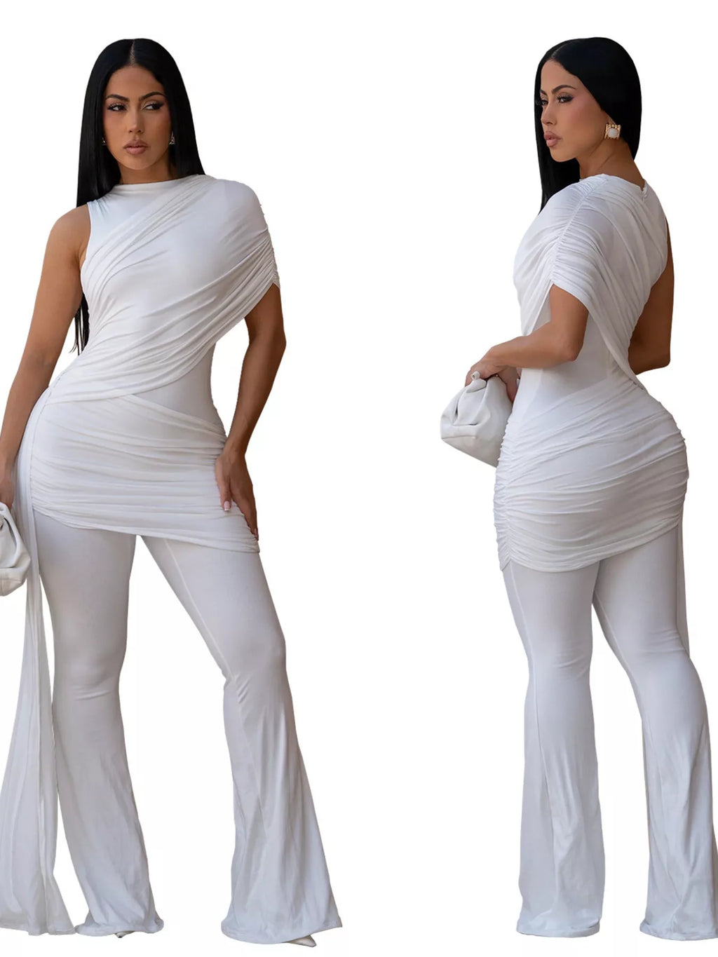 Ruched One-Shoulder Flare Leg Jumpsuit