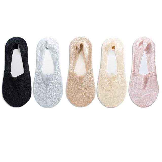 5 Pairs Fashion Women Girls Summer Socks 7 Color Style Lace Flower Short Sock Antiskid Invisible Ankle Socks For Women