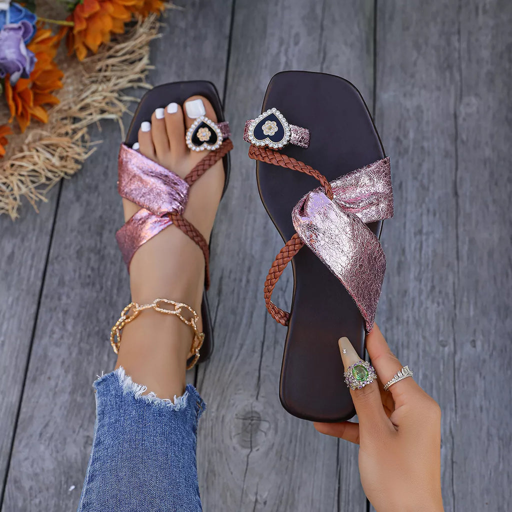 Braided Thong Sandals with Heart Decor