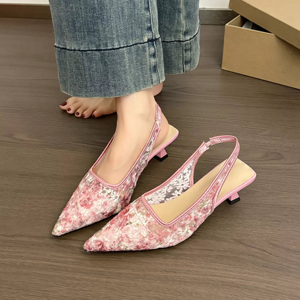 Lace Pointed-Toe Slingback Pumps