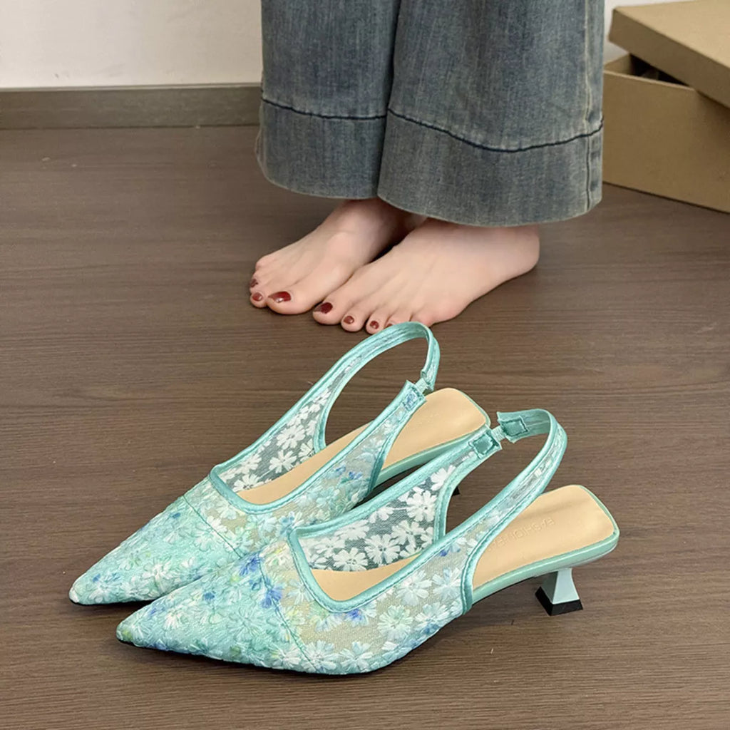Lace Pointed-Toe Slingback Pumps