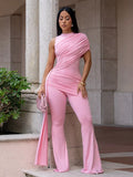 Ruched One-Shoulder Flare Leg Jumpsuit