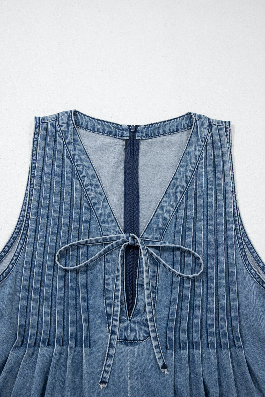 Acid Wash Denim Pleated Tie V-Neck Jumpsuit