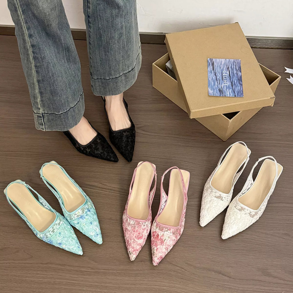 Lace Pointed-Toe Slingback Pumps