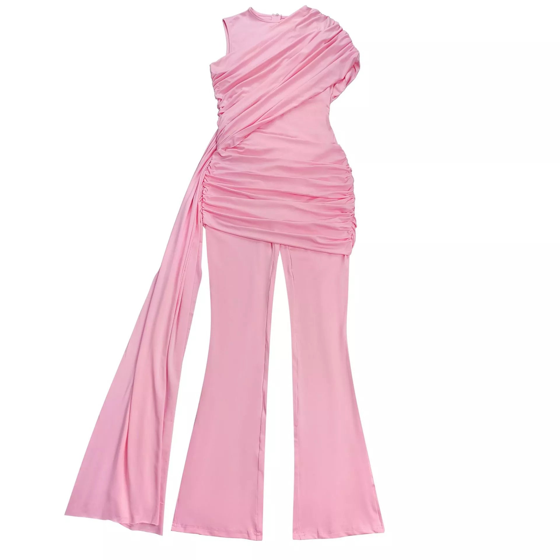 Ruched One-Shoulder Flare Leg Jumpsuit