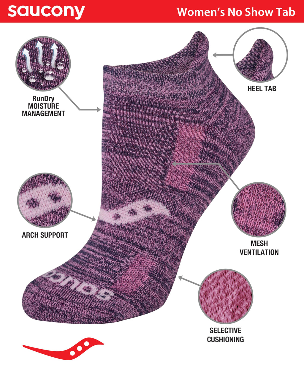 Saucony Women's RunDry Performance Heel Tab Athletic Socks, Available in S-L (8, 16, 24 Pairs)