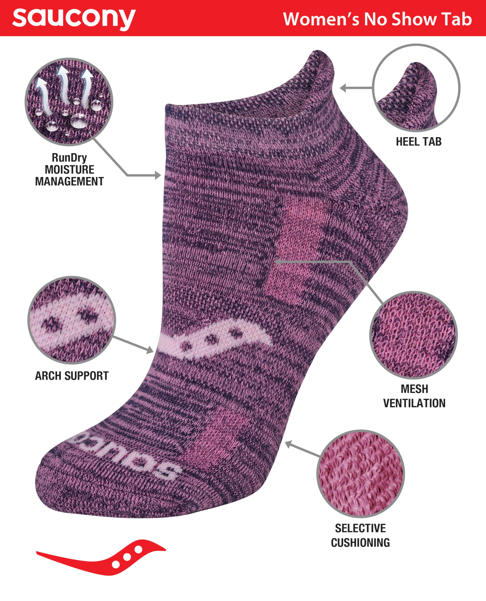 Saucony Women's RunDry Performance Heel Tab Athletic Socks, Available in S-L (8, 16, 24 Pairs)