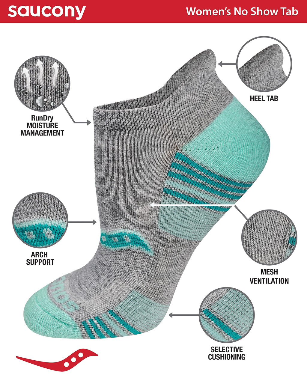 Saucony Women's RunDry Performance Heel Tab Athletic Socks, Available in S-L (8, 16, 24 Pairs)