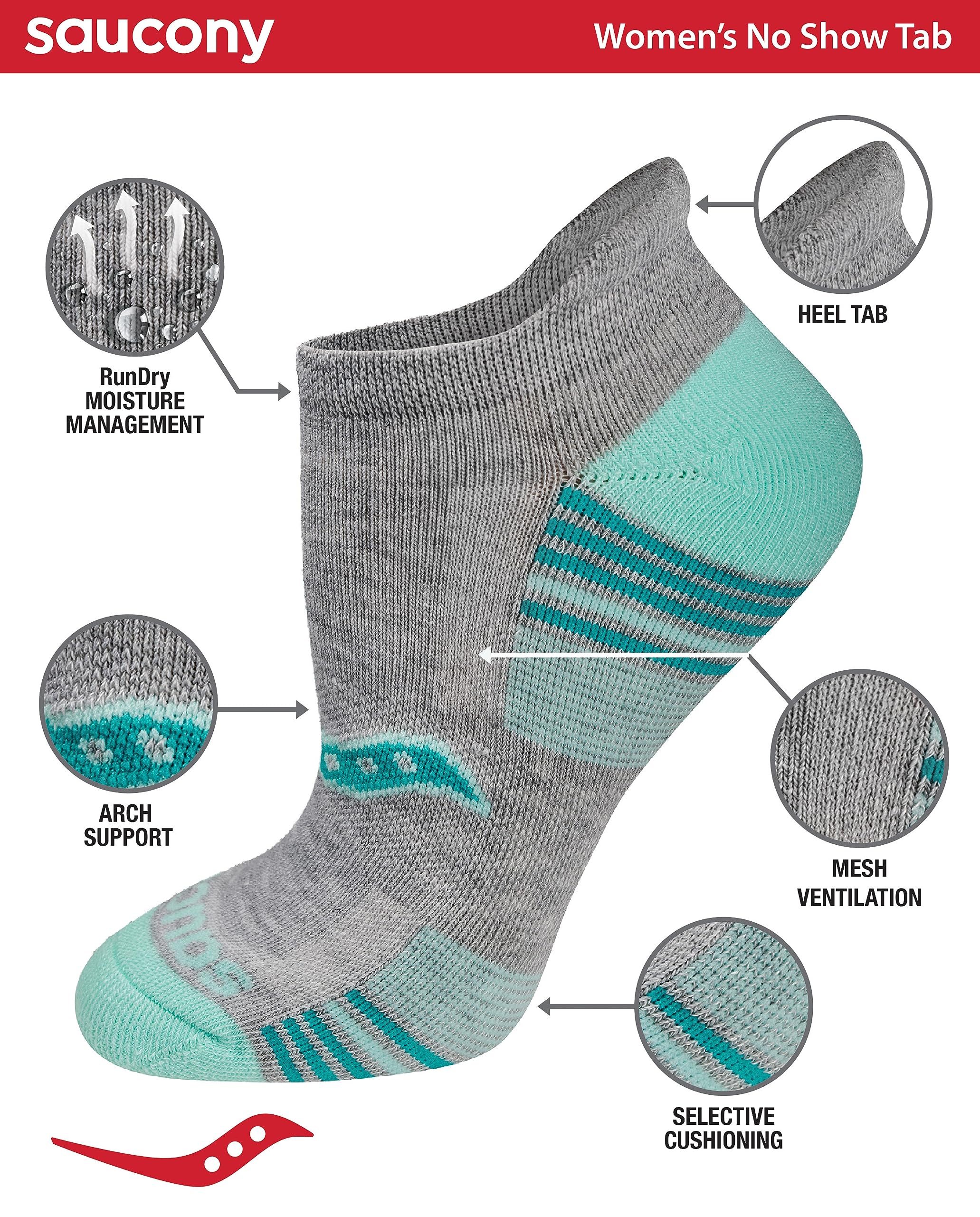 Saucony Women's RunDry Performance Heel Tab Athletic Socks, Available in S-L (8, 16, 24 Pairs)
