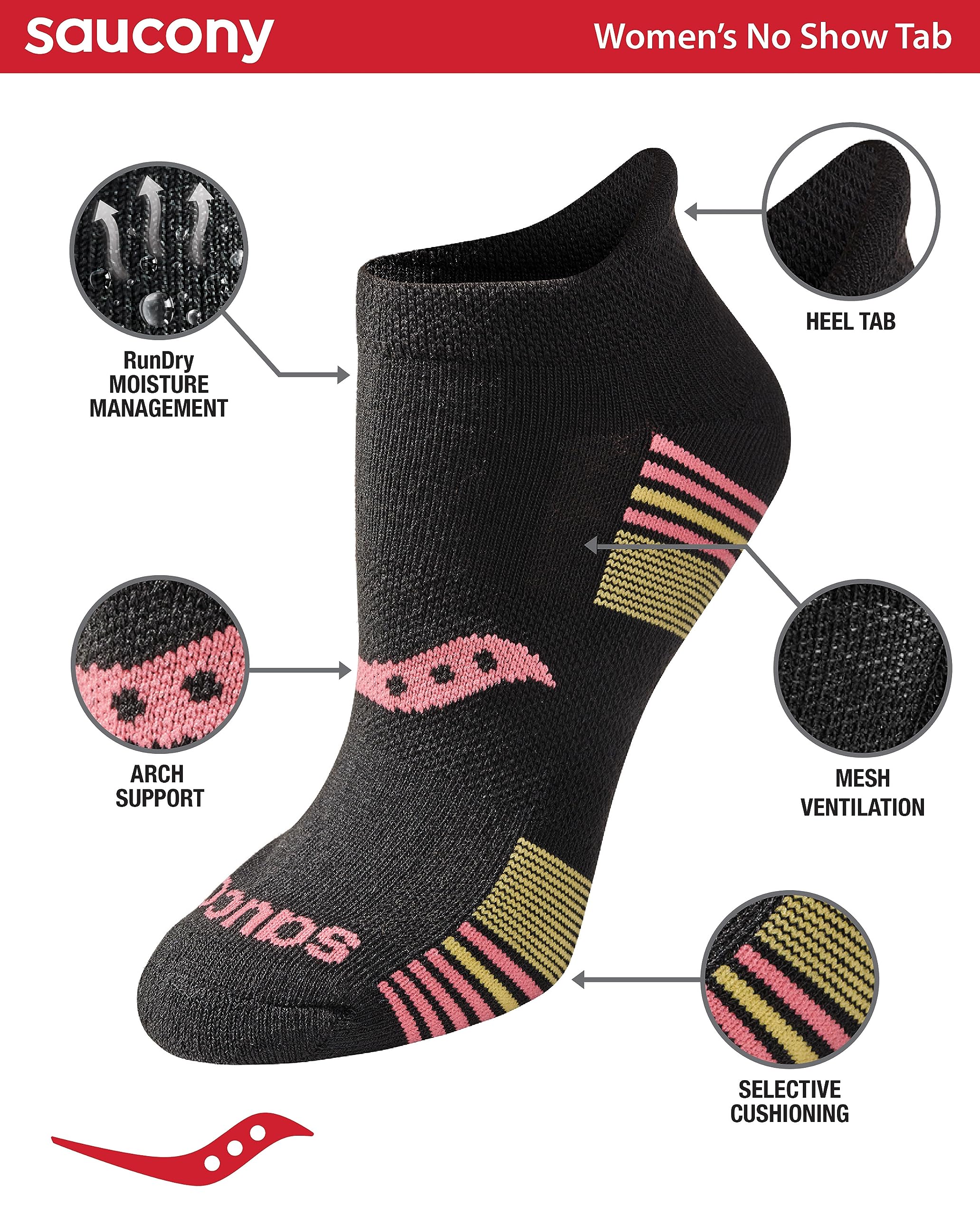 Saucony Women's RunDry Performance Heel Tab Athletic Socks, Available in S-L (8, 16, 24 Pairs)