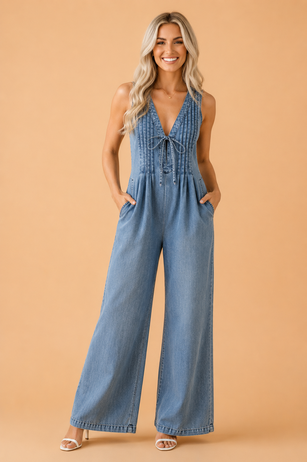 Acid Wash Denim Pleated Tie V-Neck Jumpsuit
