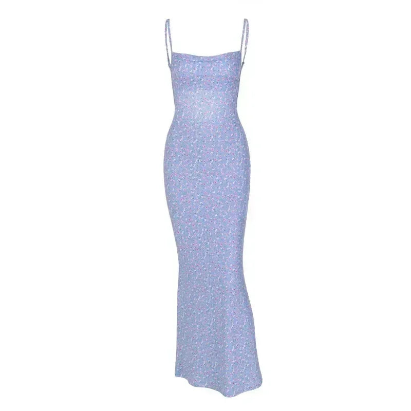 European and American Fashionable WOMEN'S Wear Spring and Summer Ins Style Sexy Slim Sling Printed Bare-back Dress Women