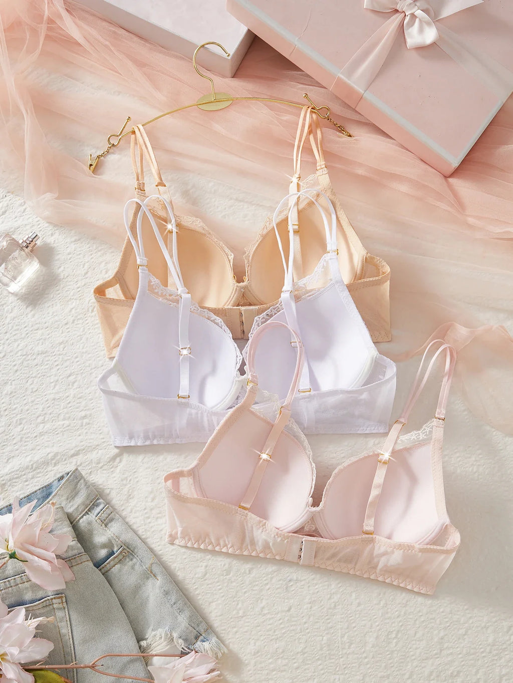 3PCS Sexy Floral Lace Women's Underwear Set Bow Push up Bra Supportive and Comfortable Unpadded Female Lace Bra