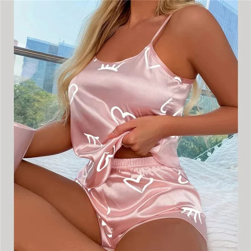 Women Ice Silk Pajamas Sleepwear Pajama Set Camisole Shorts L XL XXL Gray Pink Low Cut Comfortable Casual Summer