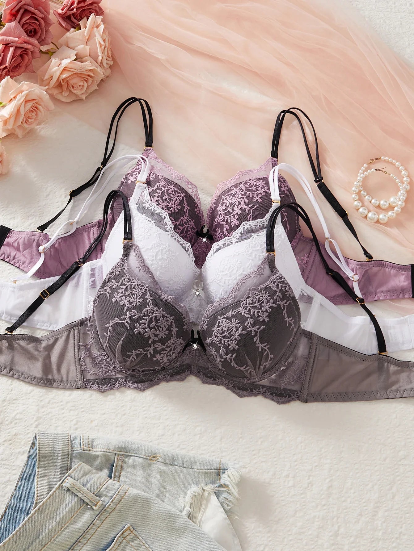3PCS Sexy Floral Lace Women's Underwear Set Bow Push up Bra Supportive and Comfortable Unpadded Female Lace Bra