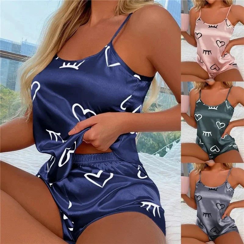 Women Ice Silk Pajamas Sleepwear Pajama Set Camisole Shorts L XL XXL Gray Pink Low Cut Comfortable Casual Summer