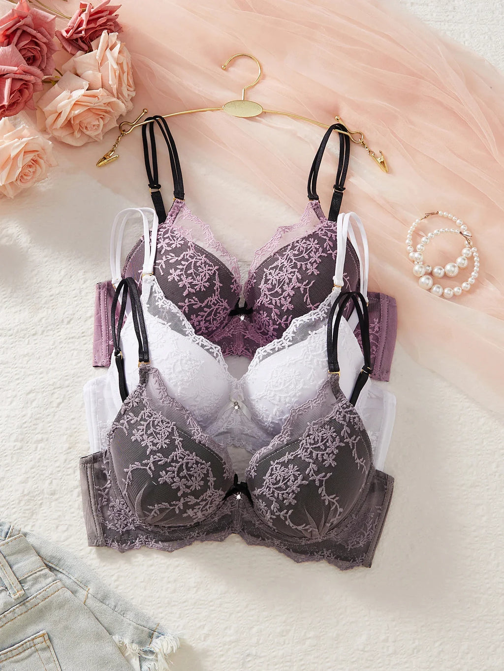 3PCS Sexy Floral Lace Women's Underwear Set Bow Push up Bra Supportive and Comfortable Unpadded Female Lace Bra