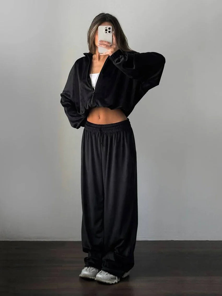 Velvet Casual Hoodie & Trousers Set for Women