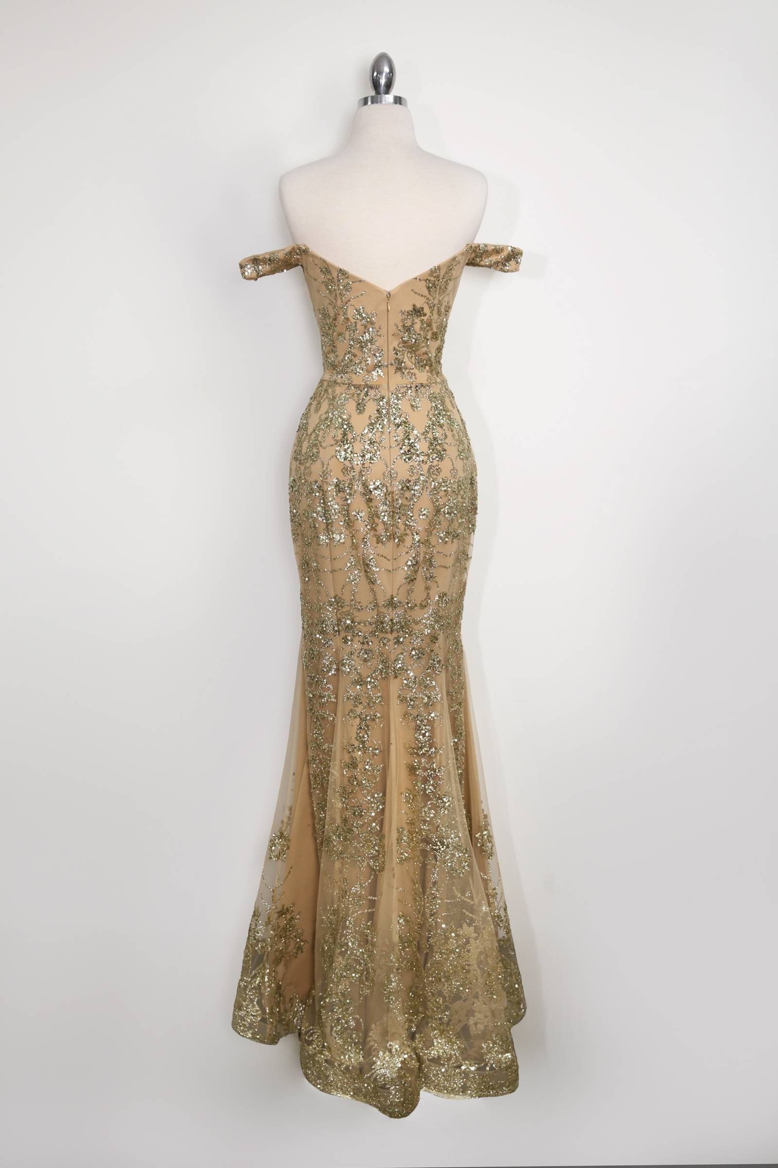 Amoris T613 Fitted Off the Shoulder Sequin Lace Sweep Train Gown