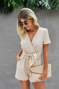 Stretch Belted Plunge Neck Wrap Knot Side Romper