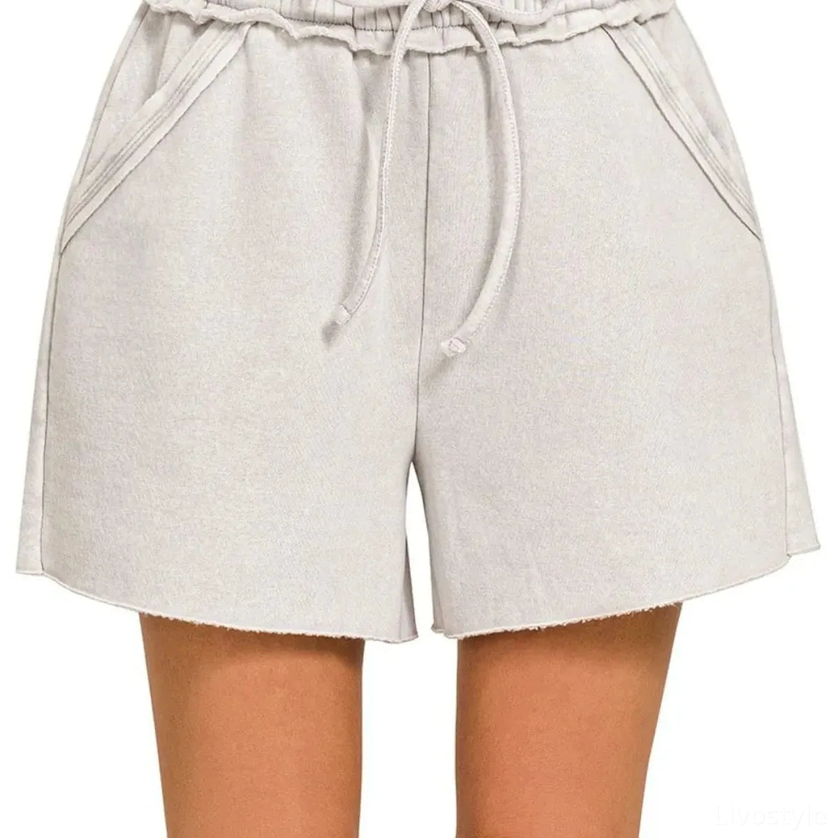 Acid Wash Fleece Drawstring Shorts With Pockets in LT CEMENT
