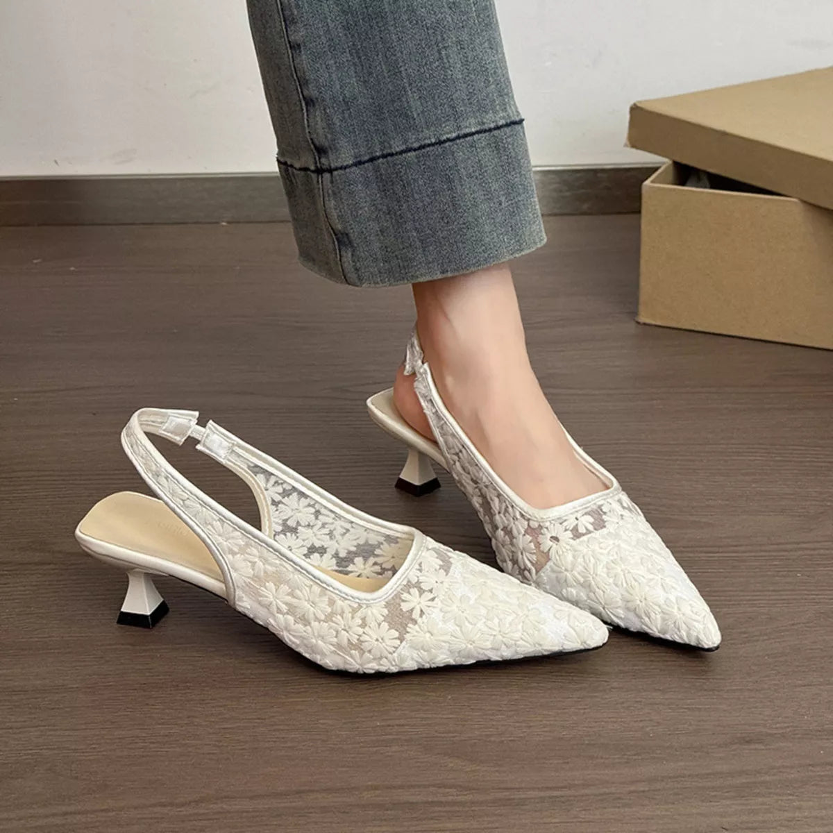 Lace Pointed-Toe Slingback Pumps