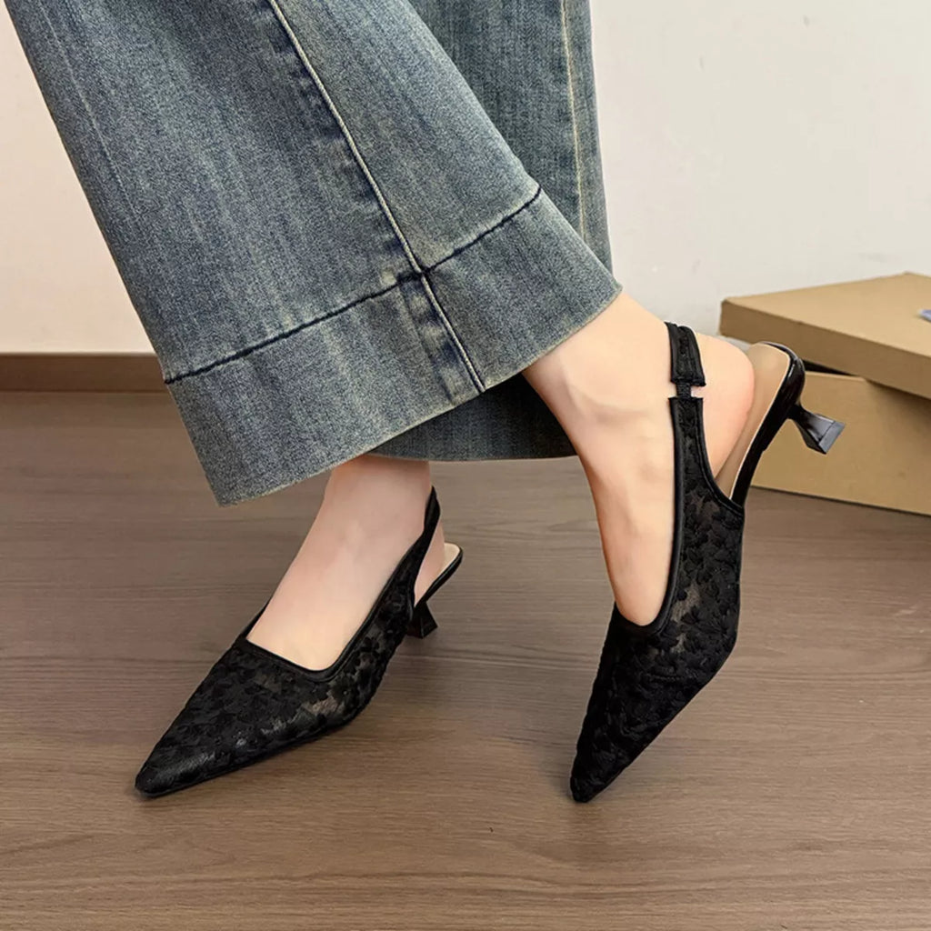 Lace Pointed-Toe Slingback Pumps