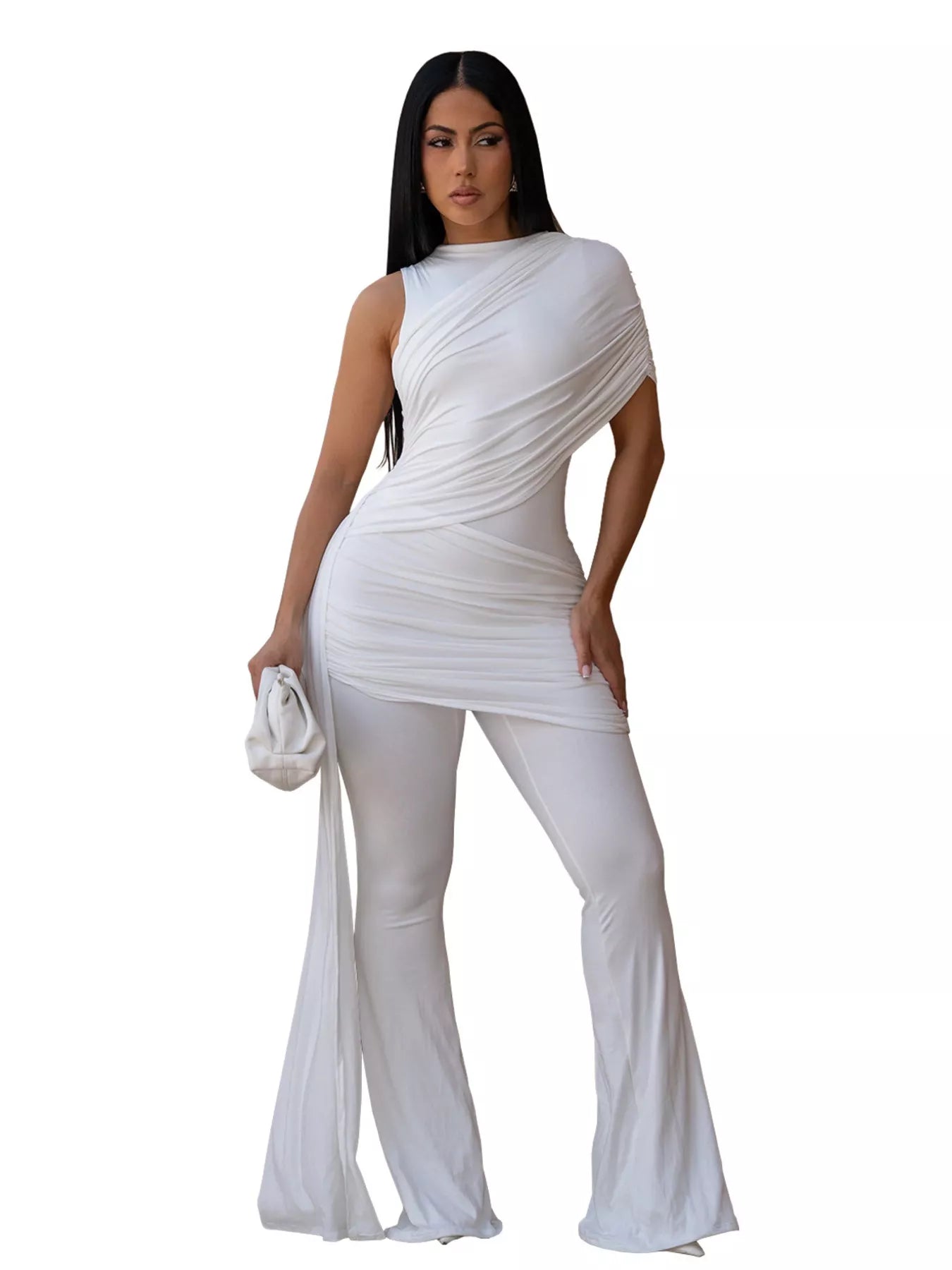 Ruched One-Shoulder Flare Leg Jumpsuit