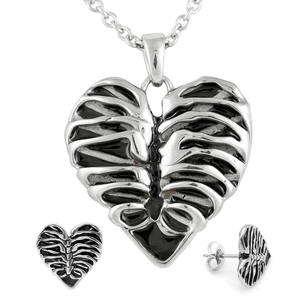 Gothic Rib Cage Heart Necklace And Earrings Jewelry Set