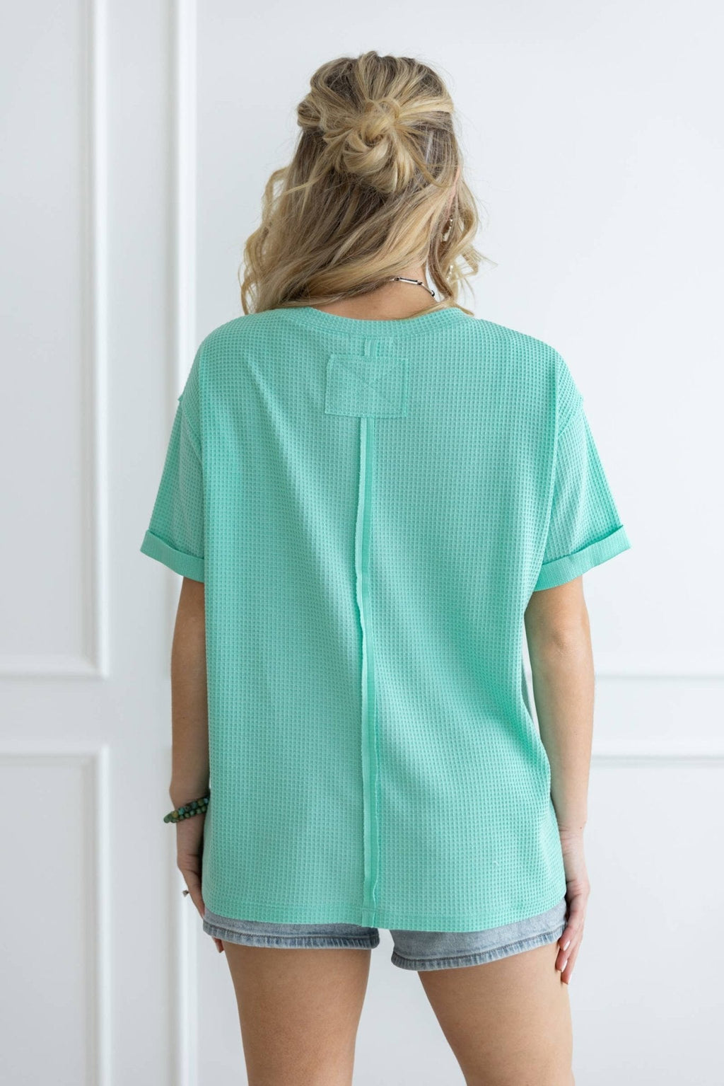 Andrée by Unit "Santa Anna" Two-Tone Short Sleeve Textured Western Top — Stretchy Knit with Raw-Edged Back Patch (5 Colors)