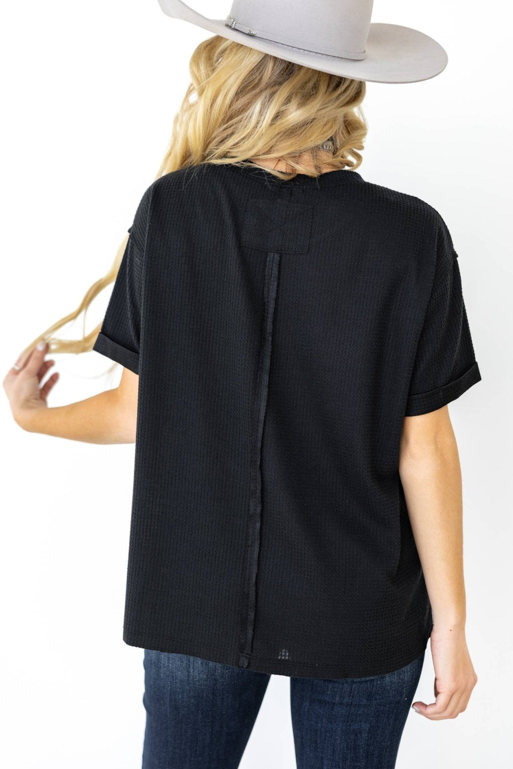 Andrée by Unit "Santa Anna" Two-Tone Short Sleeve Textured Western Top — Stretchy Knit with Raw-Edged Back Patch (5 Colors)